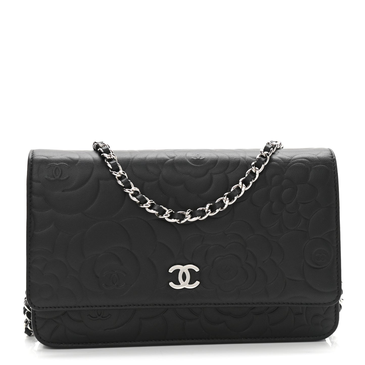 Lambskin Camellia Embossed Wallet on Chain WOC Black