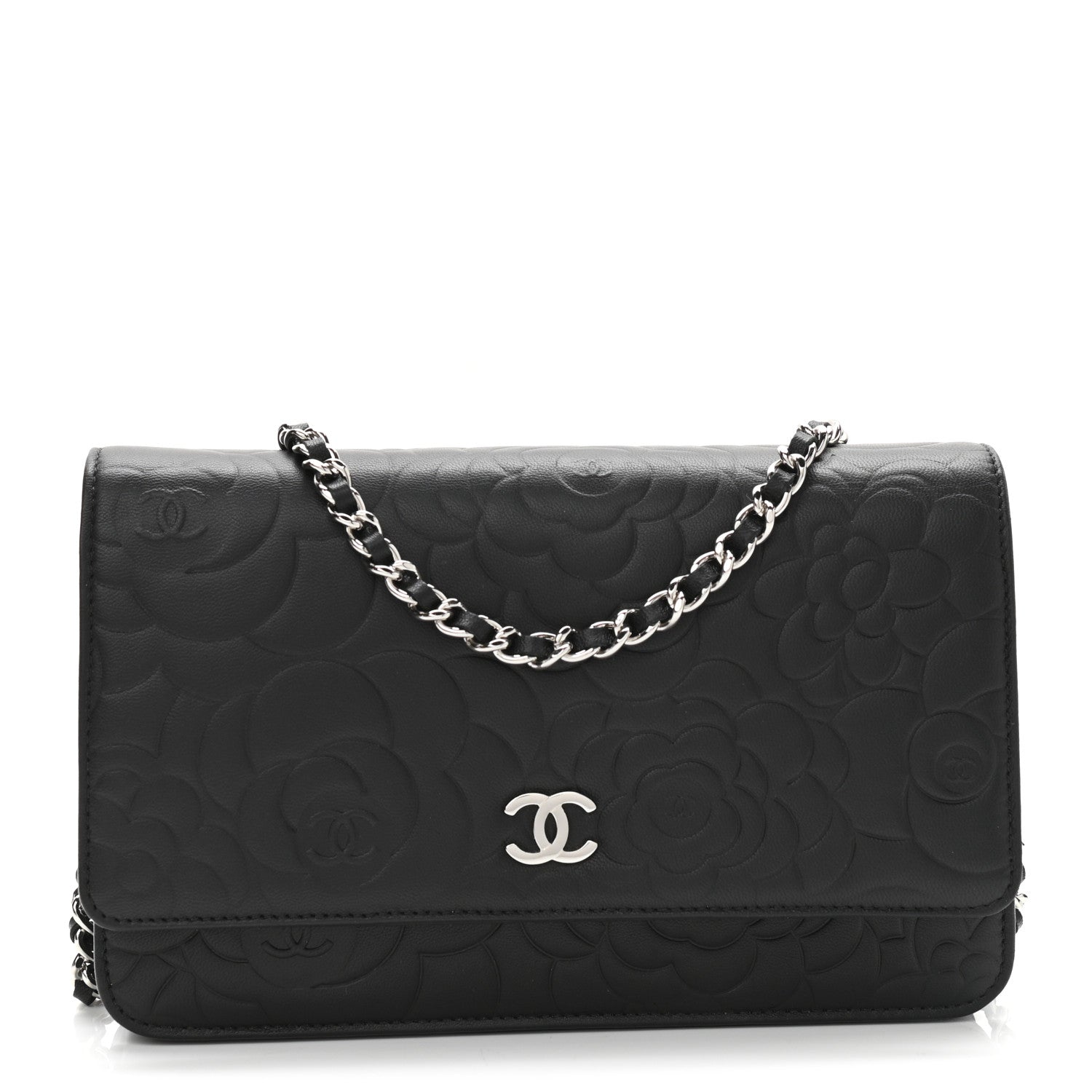 Chanel Lambskin Camellia Embossed Wallet on Chain WOC Black 1 of 12