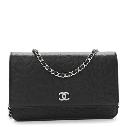 Chanel Lambskin Camellia Embossed Wallet on Chain WOC Black 1 of 12