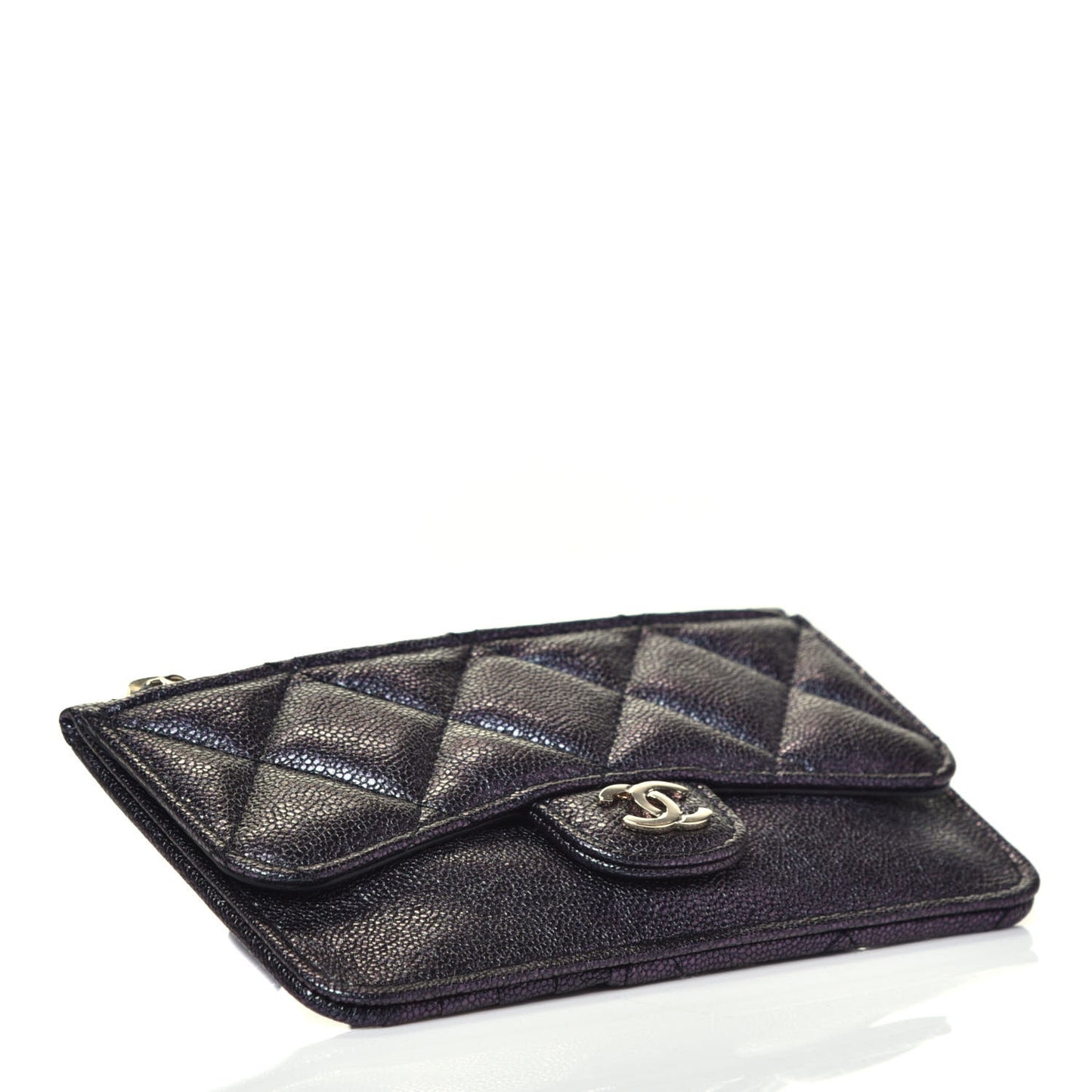 Iridescent Caviar Quilted Flap Zip Card Holder Black