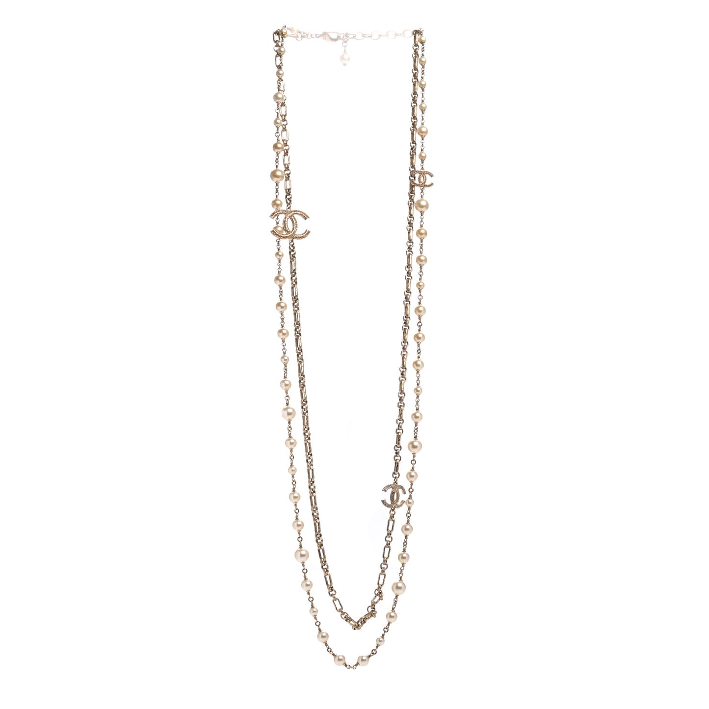 Graduated Pearl Crystal CC Long Necklace Gold