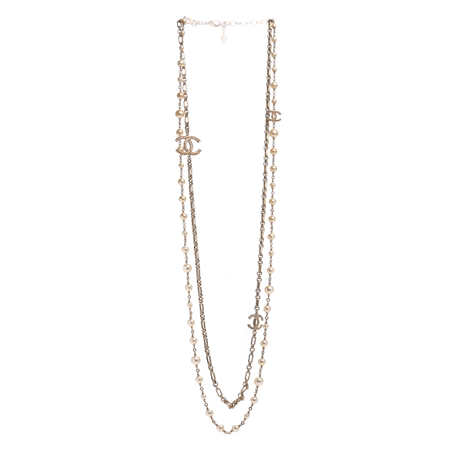 Chanel Graduated Pearl Crystal CC Long Necklace Gold 3 of 9