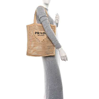 Prada Yarn Raffia Effect Crochet Logo Embroidered Tote Bag Naturale 2 of 9
