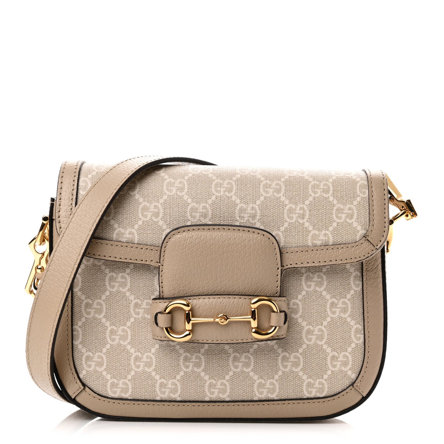 GG Supreme Monogram Textured Dollar Calfskin Web Mini Horsebit 1955 Shoulder Bag Beige Mystic White Oatmeal