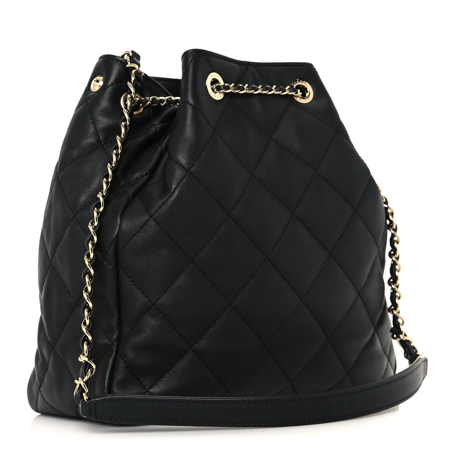 Lambskin Quilted Chain Drawstring Bag Black