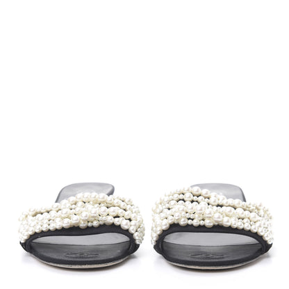 Chanel Felt Pearl Flat Sandals 37.5 Black 2 of 11