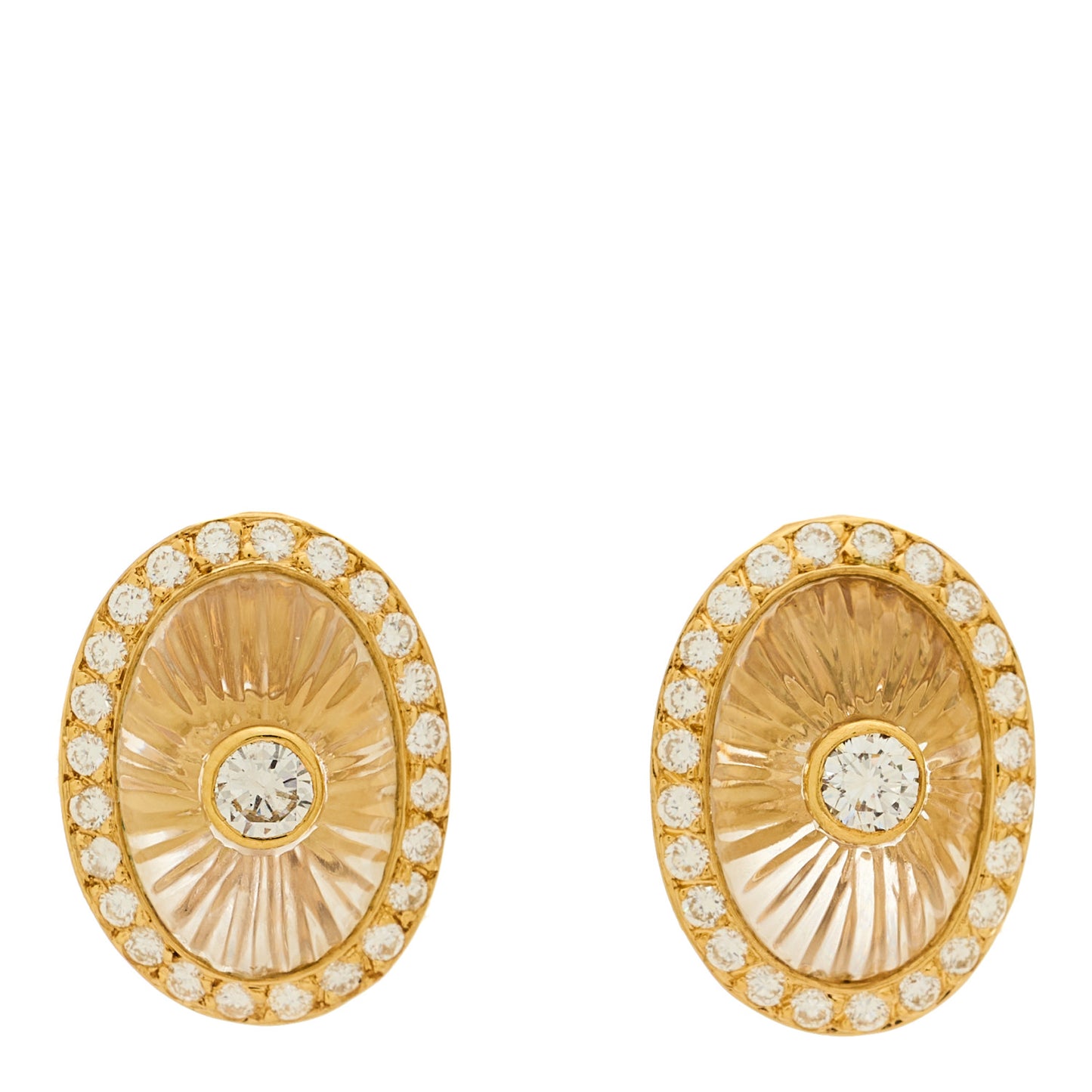 18K Yellow Gold Diamond Rock Crystal Oval Clip On Earrings