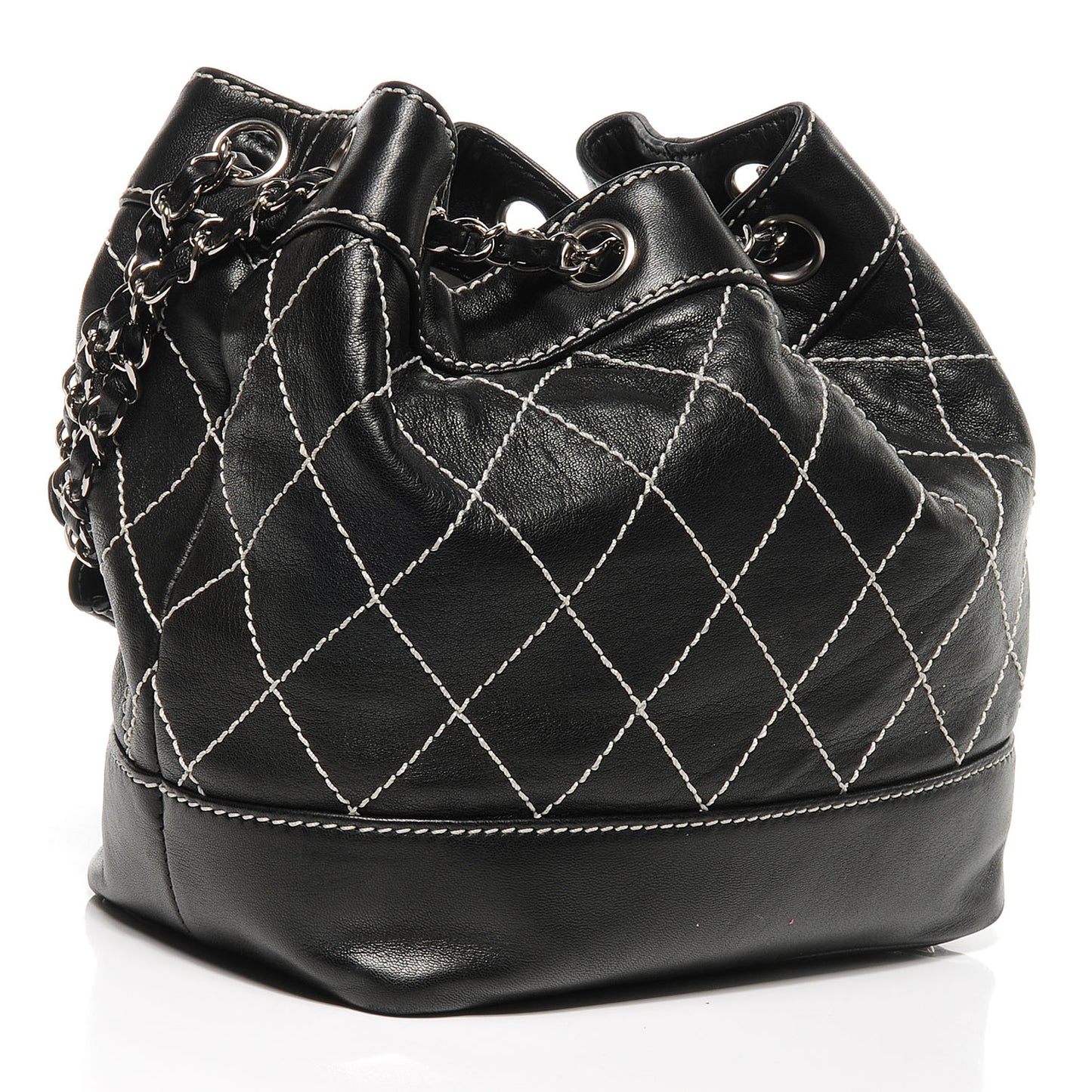 Lambskin Contrast Stitch Small Drawstring Tote Black