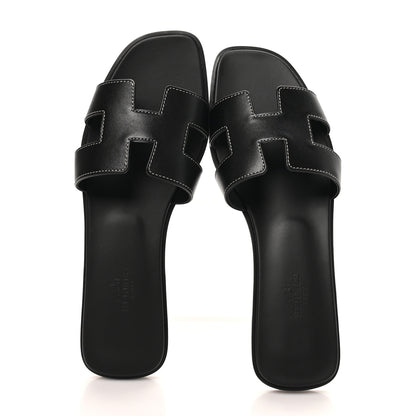 Hermes Box Calfskin Oran Sandals 38 Black 2 of 10