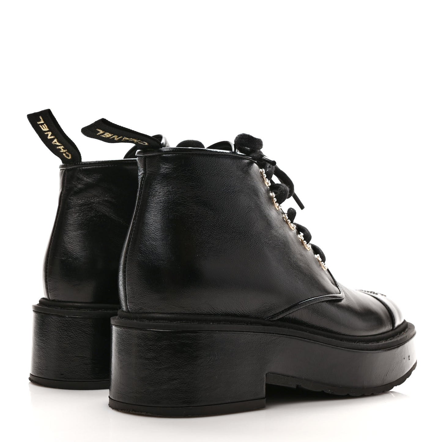 Shiny Calfskin Pearl Lace Up Combat Short Boots 36 Black