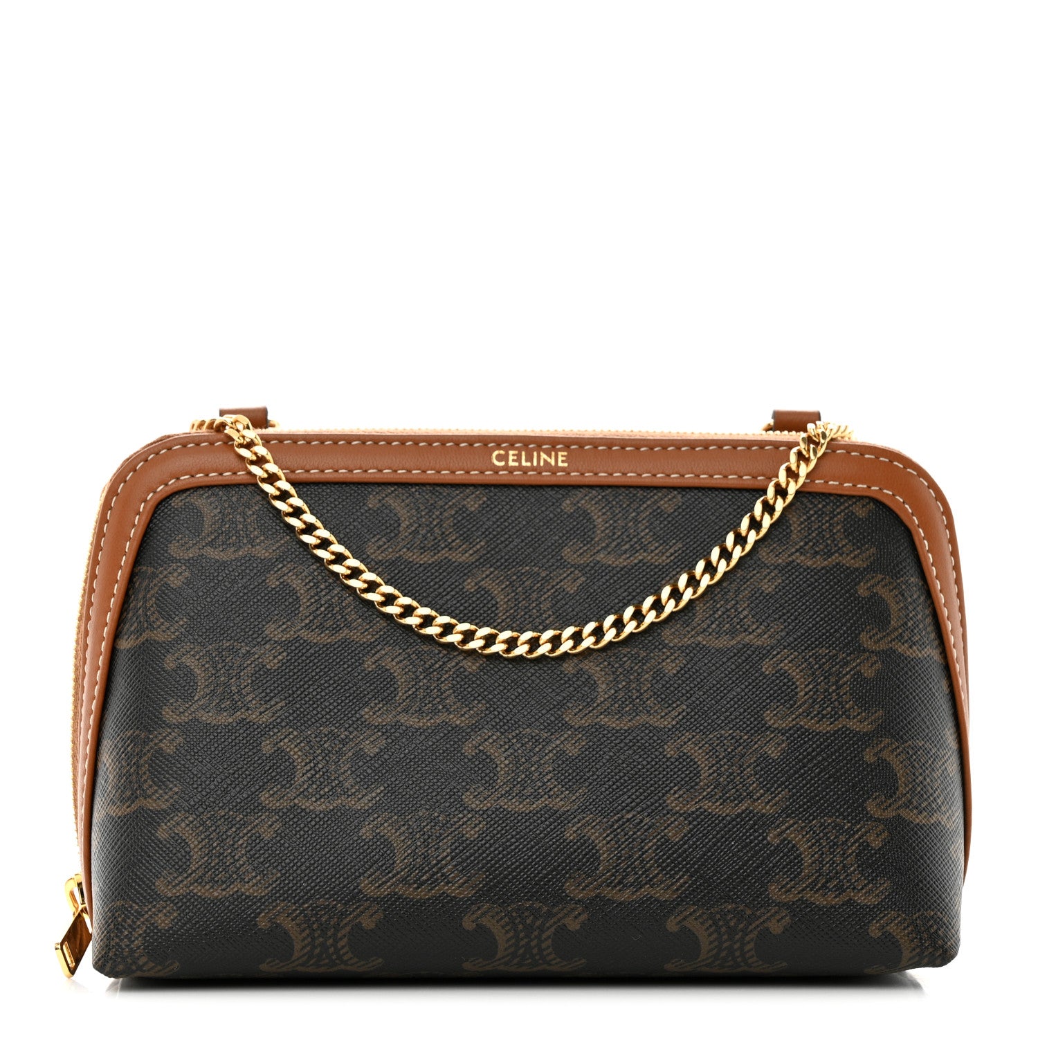 Celine Triomphe Canvas Lambskin Clutch On Chain Tan 1 of 10