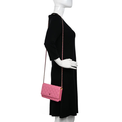 Chanel Lambskin Quilted Wallet On Chain WOC Pink Yellow 2 of 15