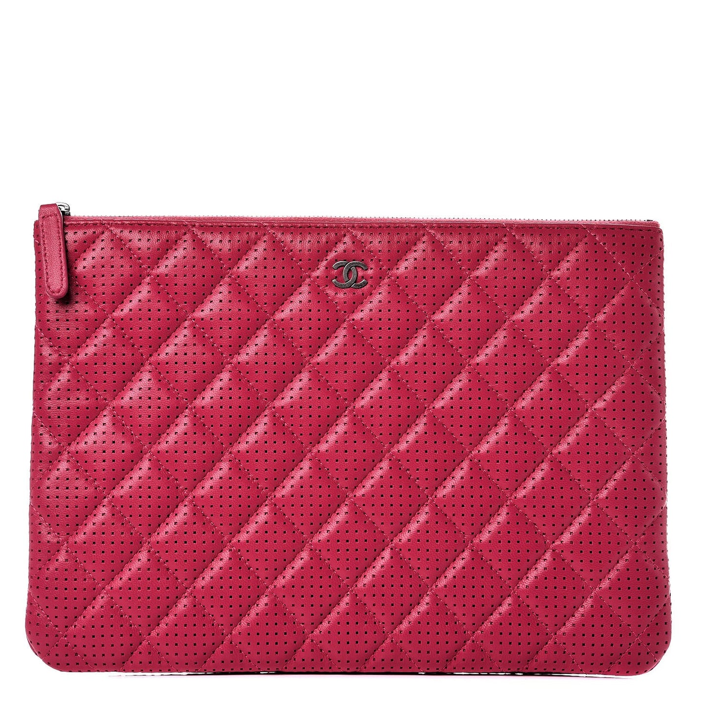 Perforated Lambskin Quilted Large Zip Pouch Pink