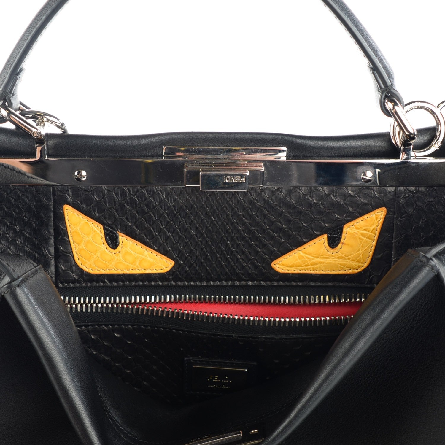 Fendi Vitello Seta Python Crocodile Monster Eyes Large Peekaboo Iconic Satchel Black Girasole 9 of 9