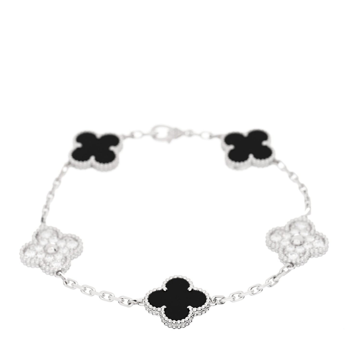 18K White Gold Diamond Black Onyx 5 Motifs Vintage Alhambra Bracelet