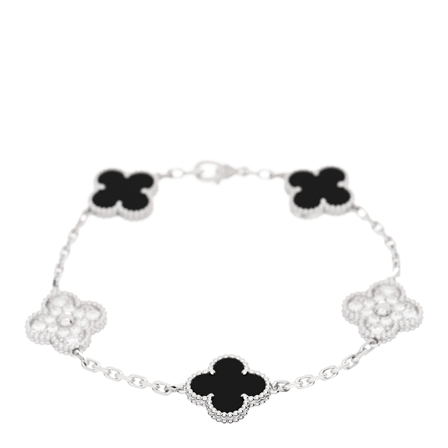 Van Cleef & Arpels 18K White Gold Diamond Black Onyx 5 Motifs Vintage Alhambra Bracelet 1 of 4