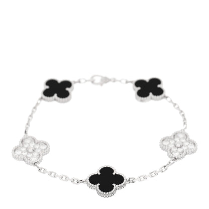 Van Cleef & Arpels 18K White Gold Diamond Black Onyx 5 Motifs Vintage Alhambra Bracelet 1 of 4