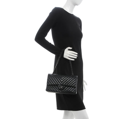 Chanel Lambskin Chevron Quilted Medium Double Flap So Black 2 of 12
