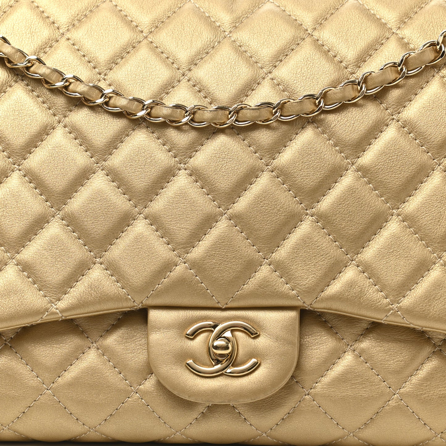 Metallic Calfskin Quilted Small XXL Travel Flap Bag Gold