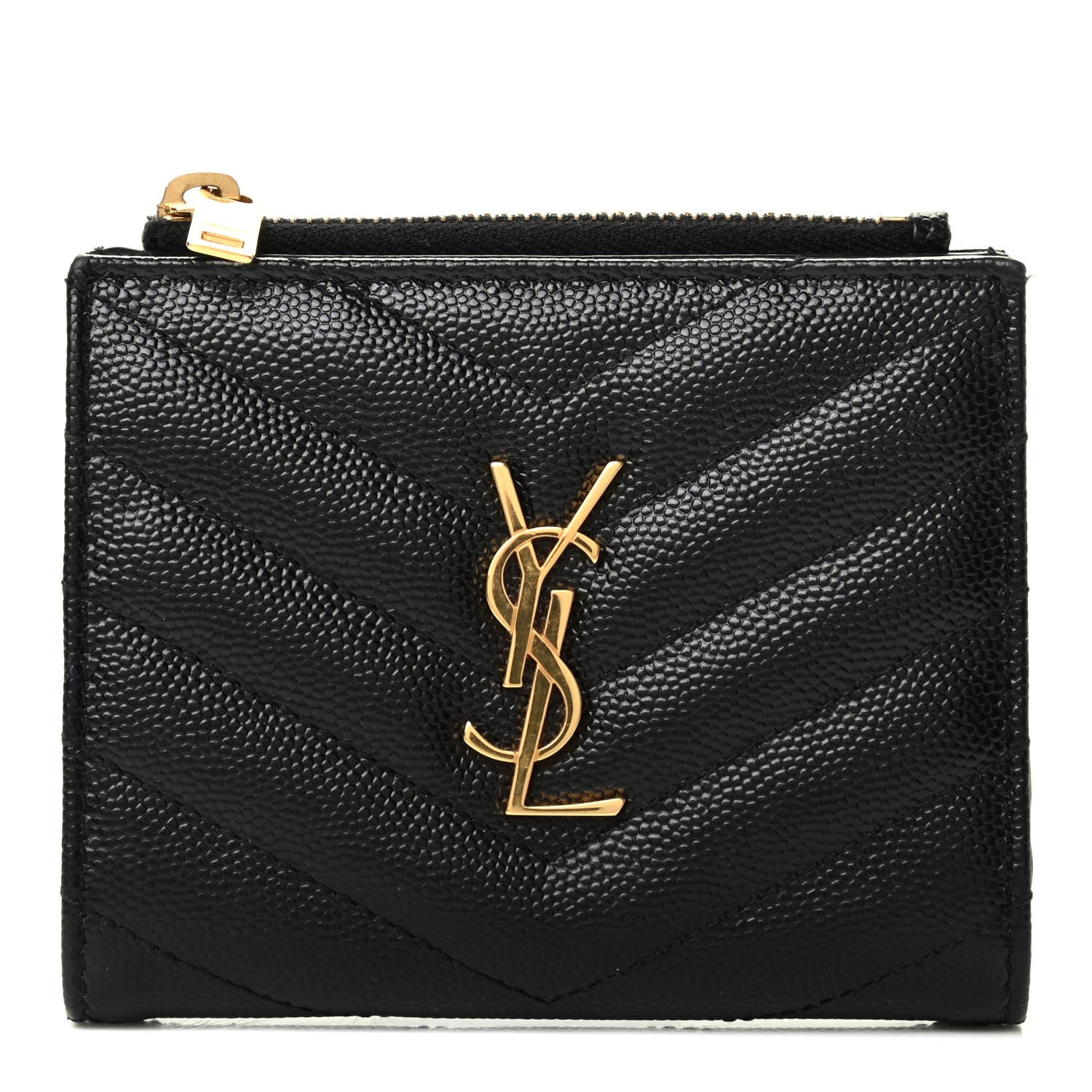 Saint Laurent Grain De Poudre Matelasse Chevron Monogram Zipped Card Case Black 1 of 8