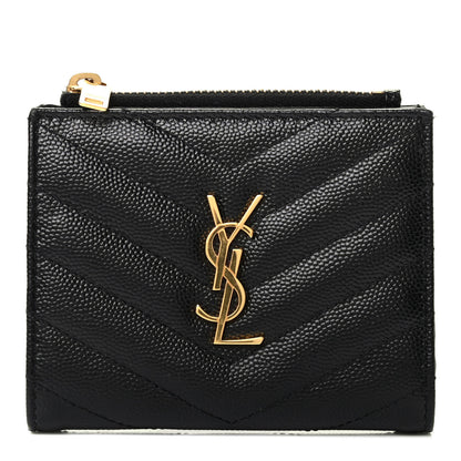 Saint Laurent Grain De Poudre Matelasse Chevron Monogram Zipped Card Case Black 1 of 8