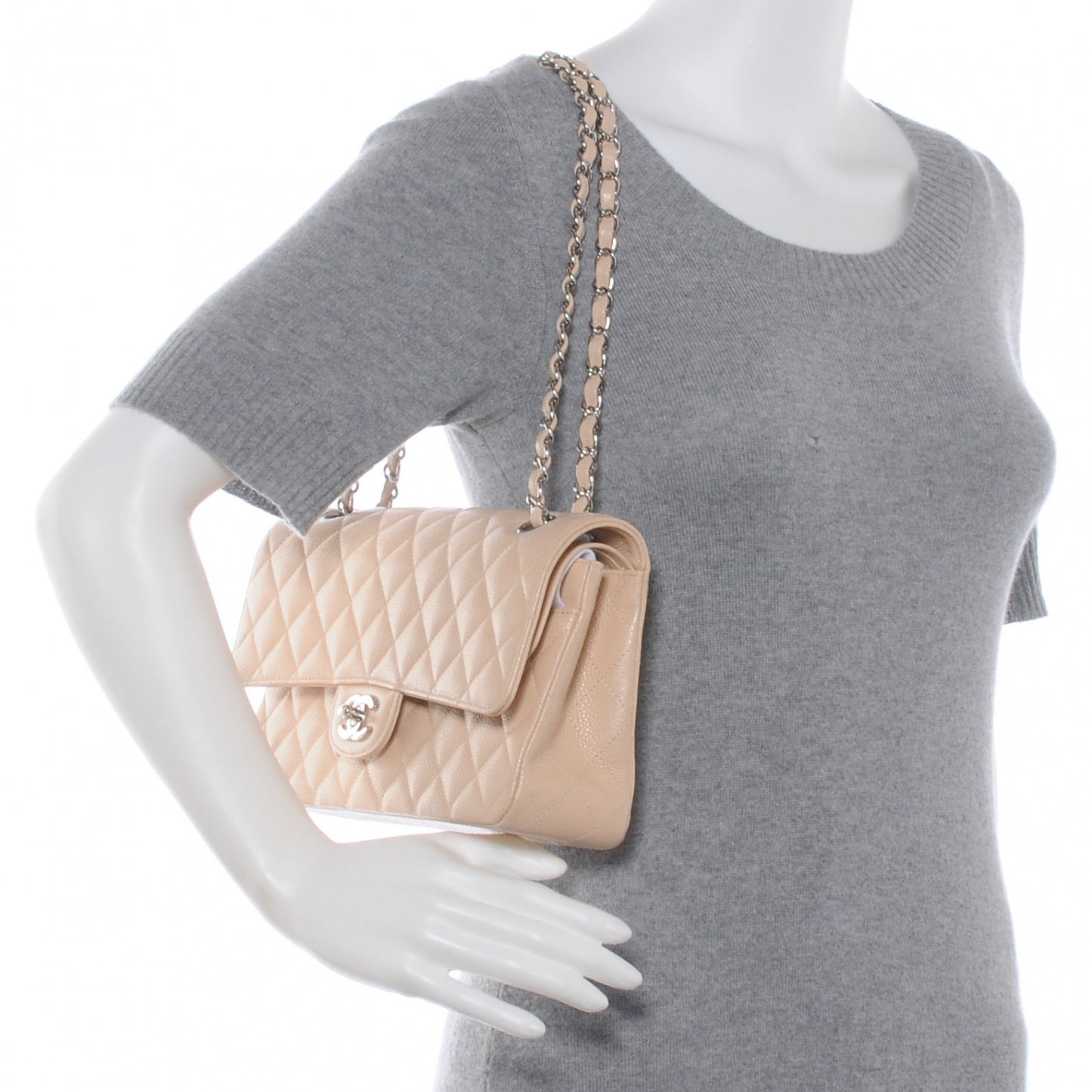 Caviar Quilted Medium Double Flap Beige Clair
