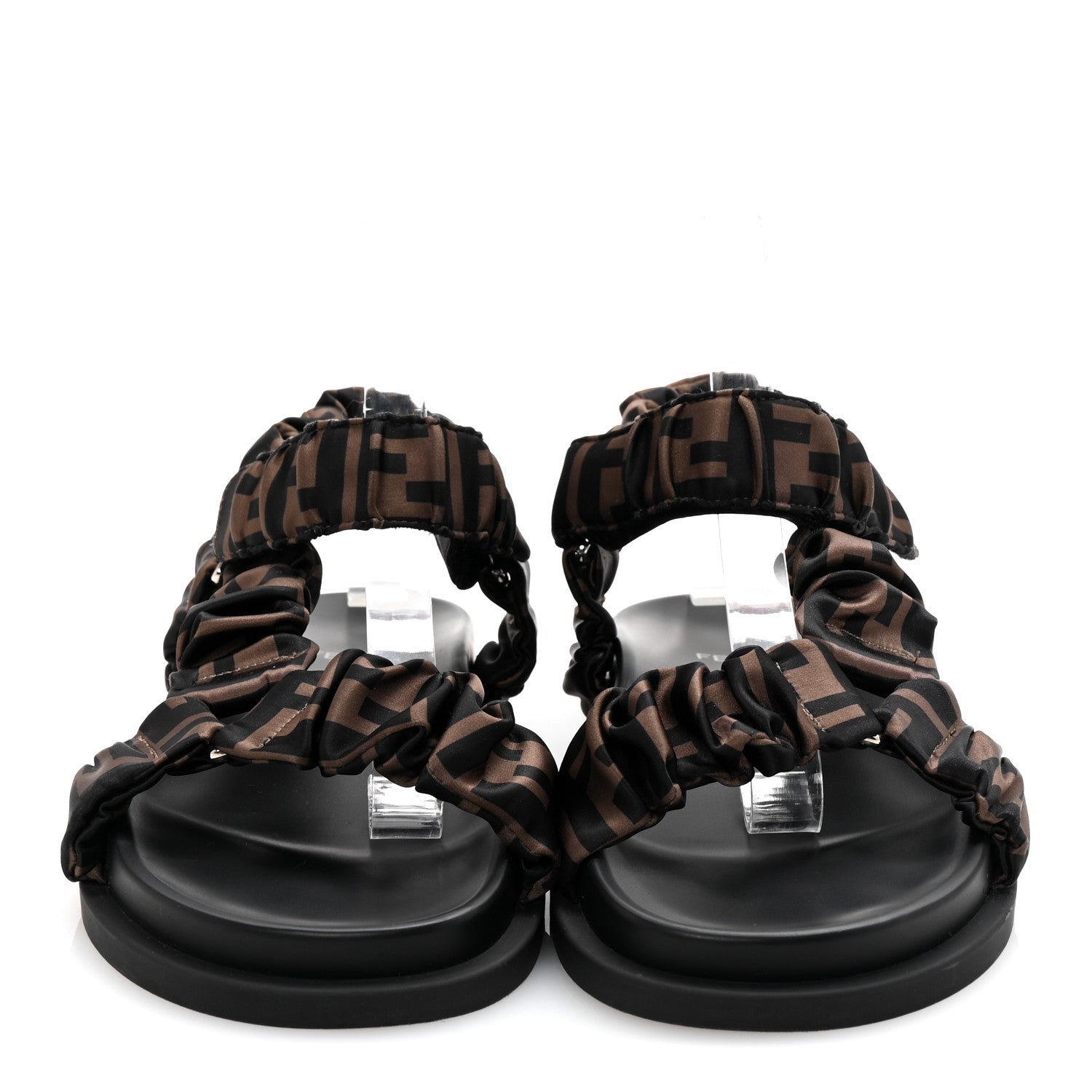 Fendi Satin FF Ruched Sandals 37.5 Tobacco Black 3 of 8