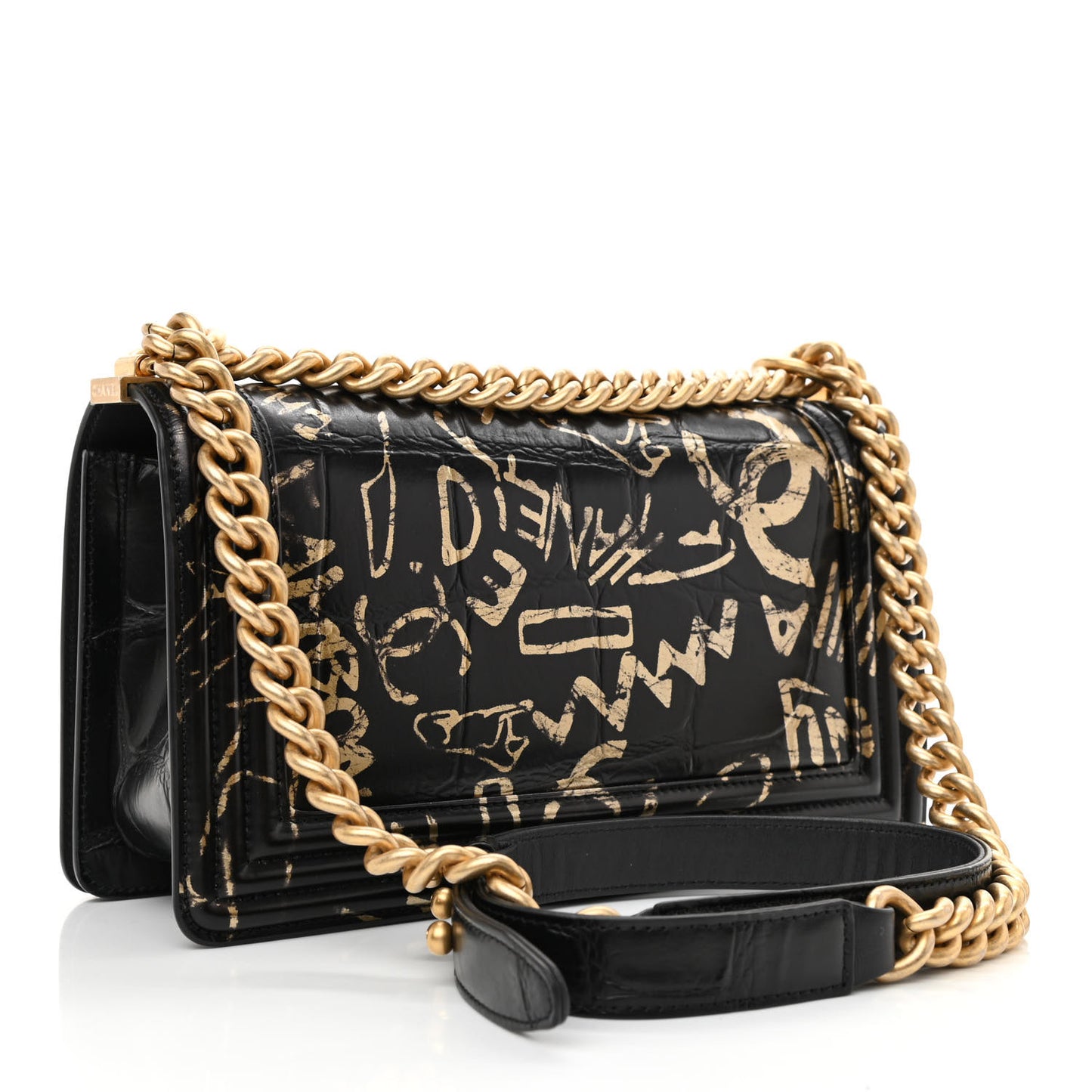 Calfskin Crocodile Embossed Graffiti Cocodile Medium Boy Flap Black