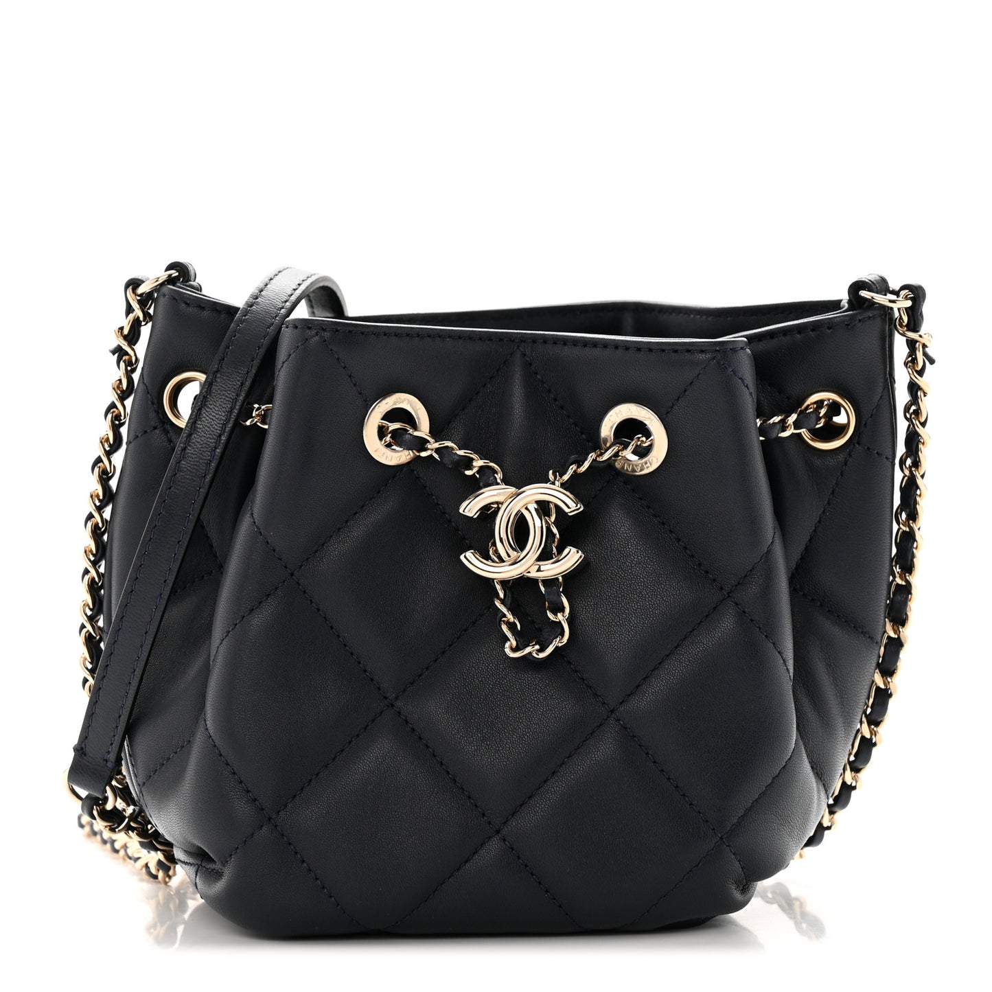 Lambskin Quilted CC Dweller Drawstring Bucket Bag Navy
