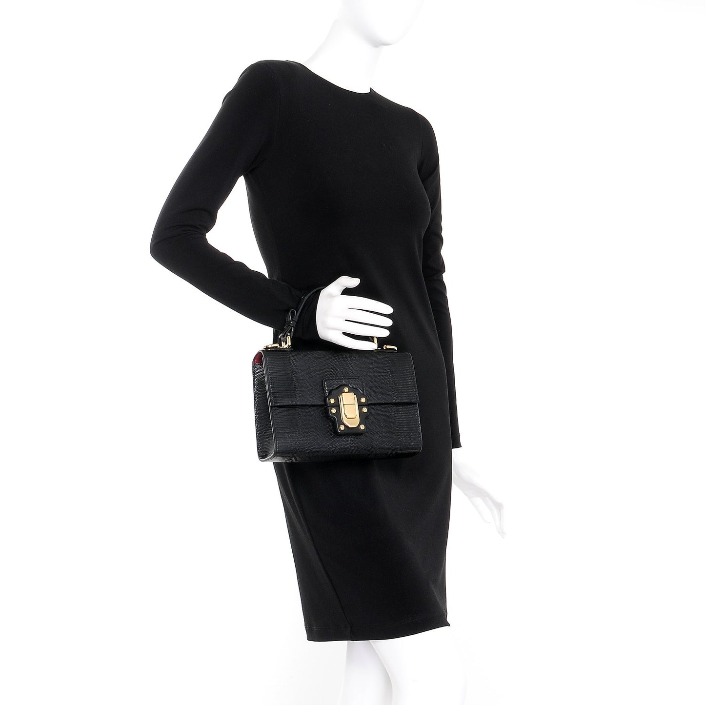 Iguana Calfskin Embossed Lucia Top Handle Bag Black