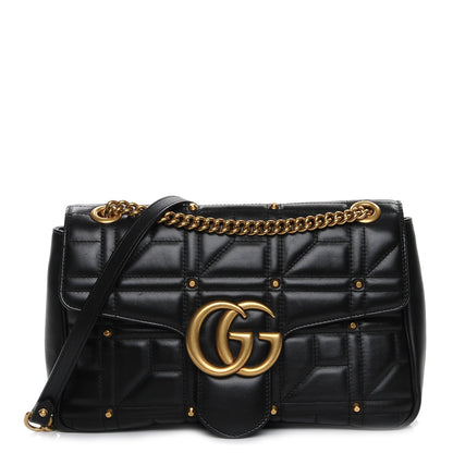 Gucci Calfskin Matelasse Studded Medium GG Marmont Shoulder Bag Black 1 of 7