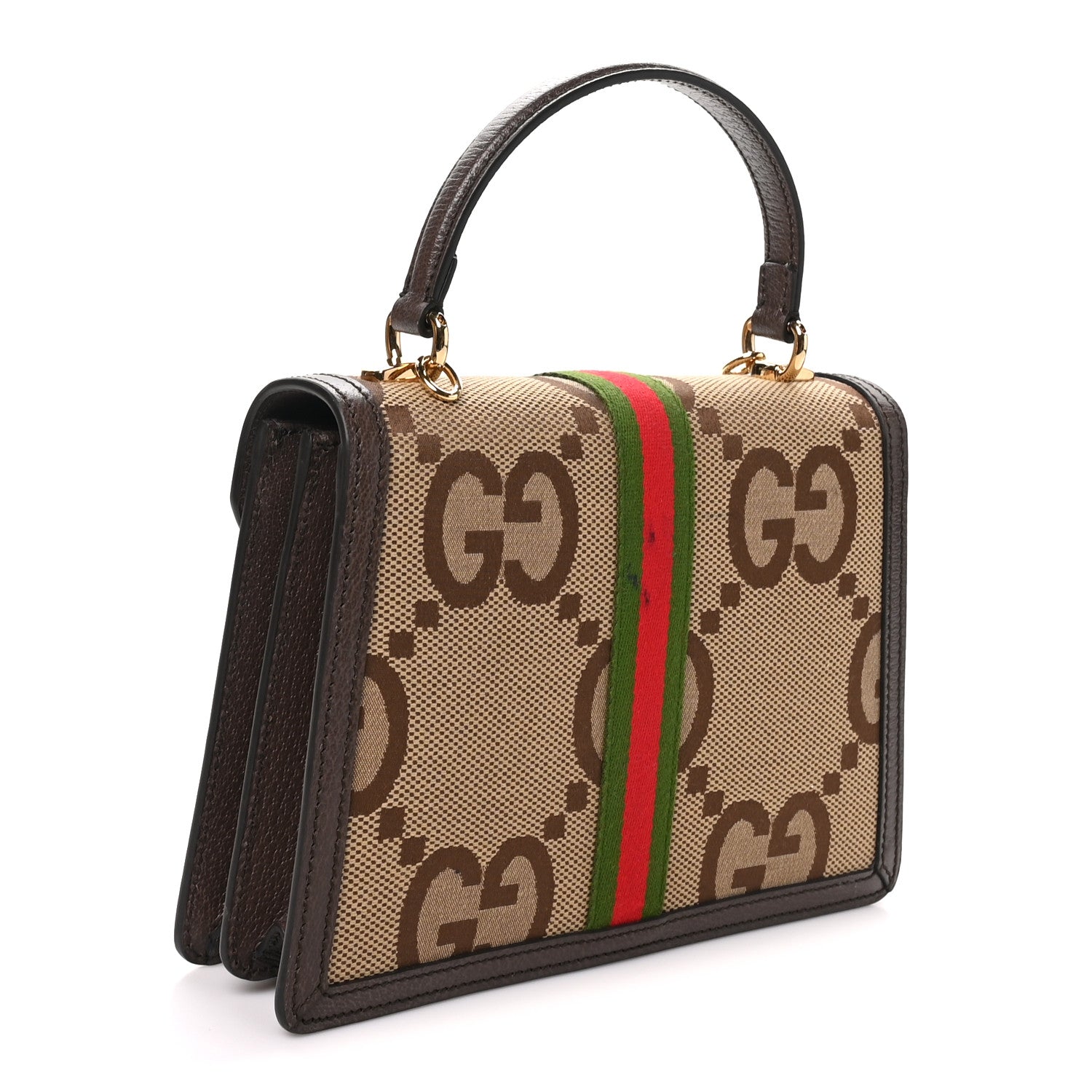 Gucci Monogram Jumbo GG Textured Dollar Calfskin Web Small Ophidia Padlock Top Handle Bag Camel Ebony New Acero 3 of 11