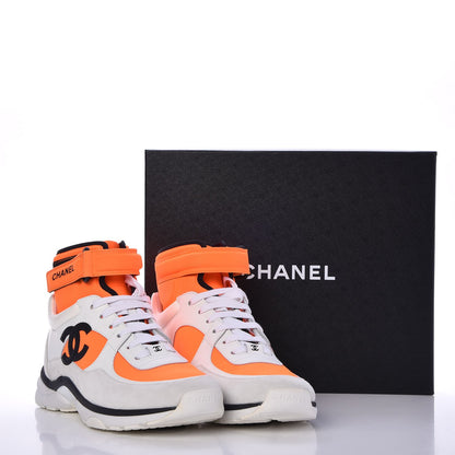 Chanel Suede Calfskin Lambskin Neoprene High Top CC Sneakers 39 White Fluo Orange 9 of 9