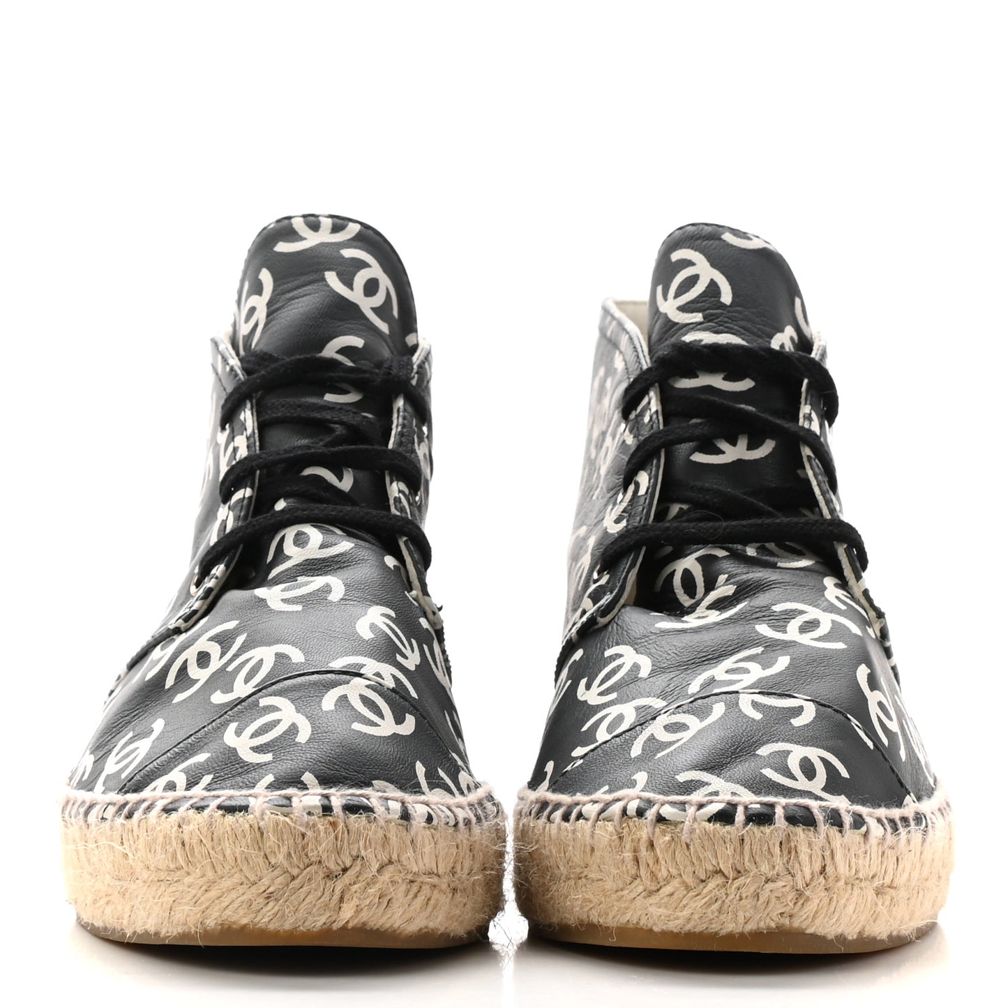 Lambskin Printed CC Lace Up Espadrilles 38 Black White