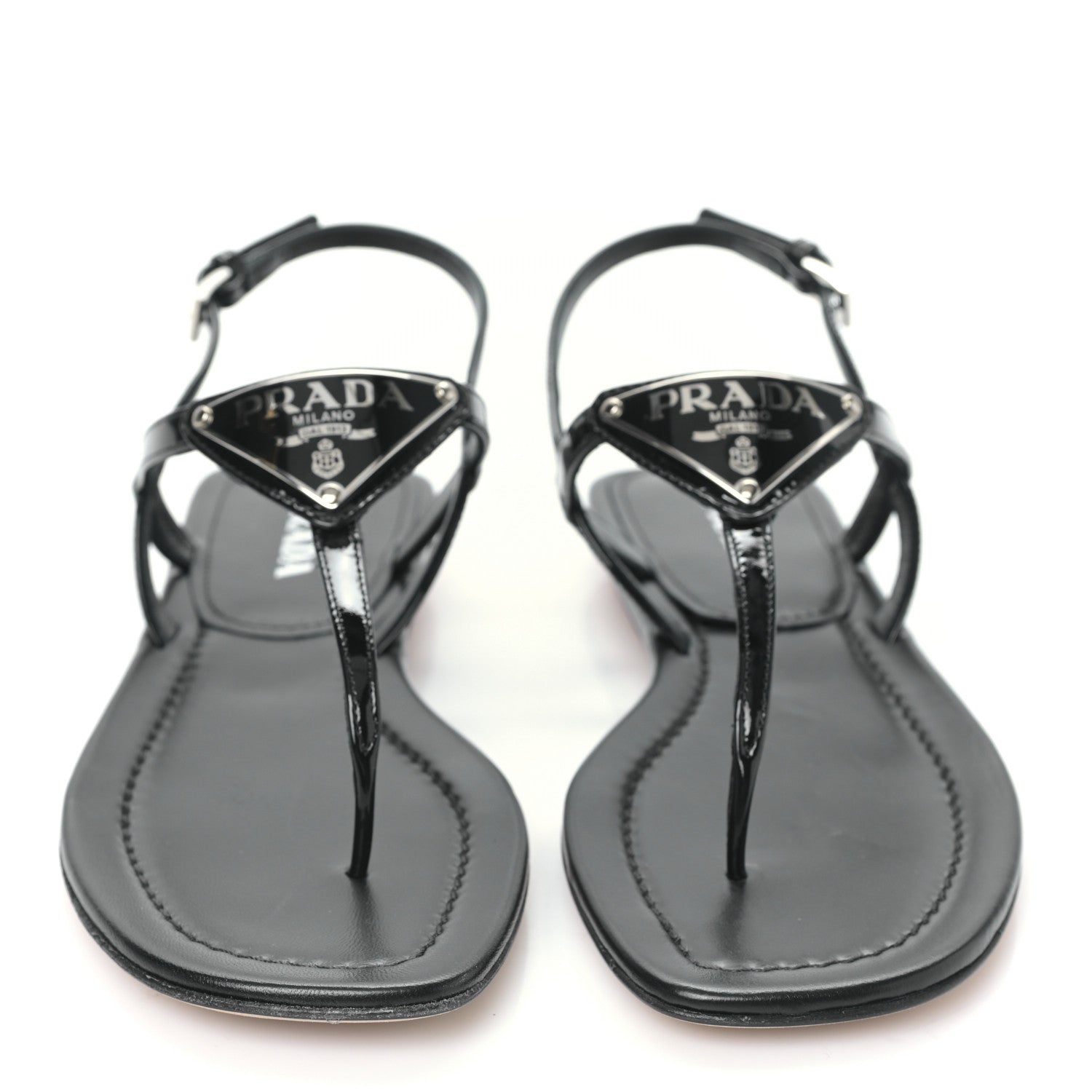 Prada Vernice Metal Triangle Logo Slingback Flat Thong Sandals 38.5 Black 2 of 7