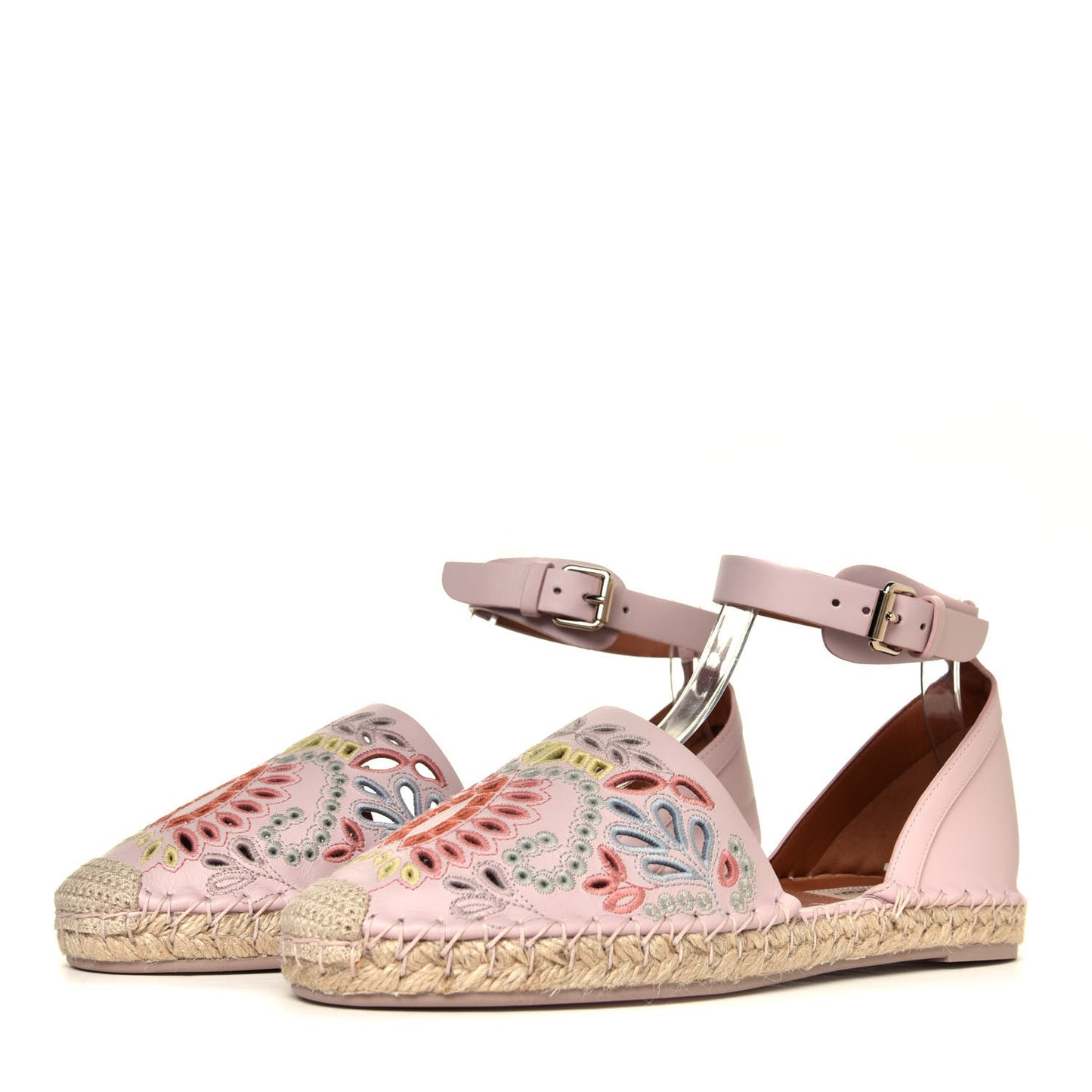 Calfskin Embroidered Cutout Ajour Ankle Wrap Espadrilles 38 Water Rose
