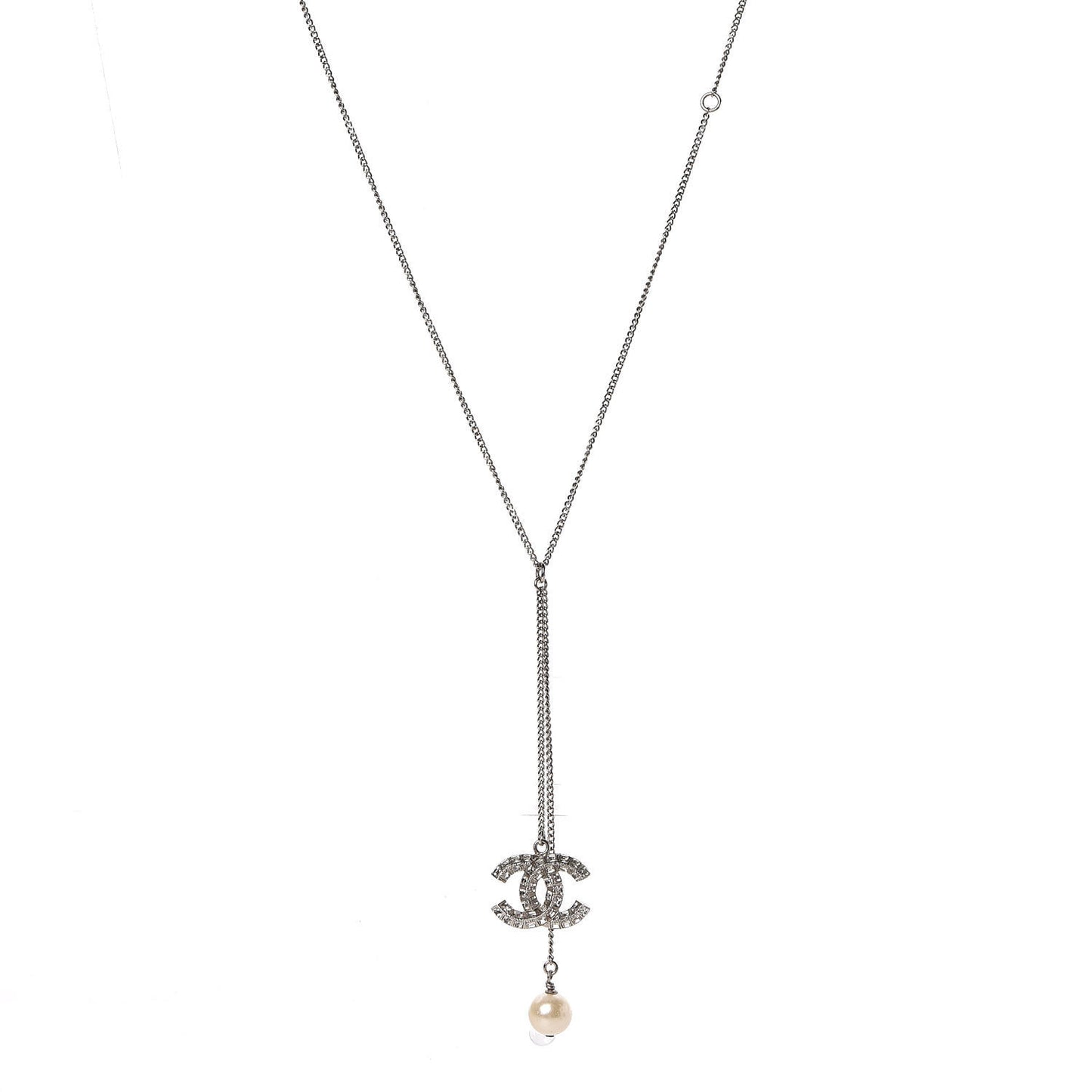 Baguette Crystal Pearl CC Lariat Necklace Silver