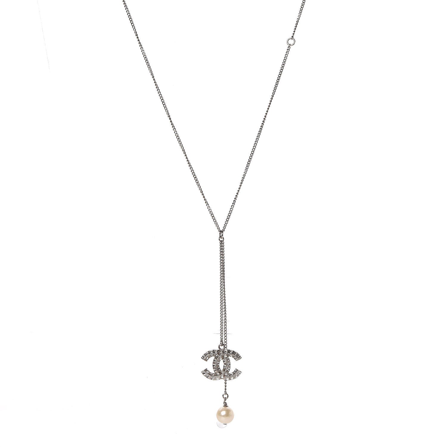 Chanel Baguette Crystal Pearl CC Lariat Necklace Silver 1 of 4