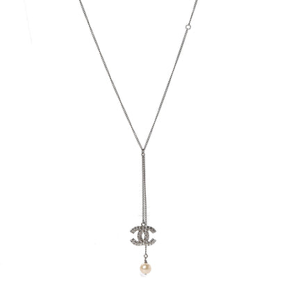 Chanel Baguette Crystal Pearl CC Lariat Necklace Silver 1 of 4