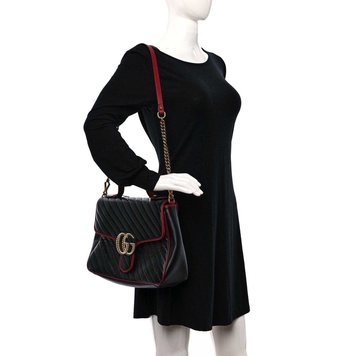 Vintage Effect Calfskin Matelasse Diagonal Medium Torchon GG Marmont Top Handle Shoulder Bag Black Romantic Cherry