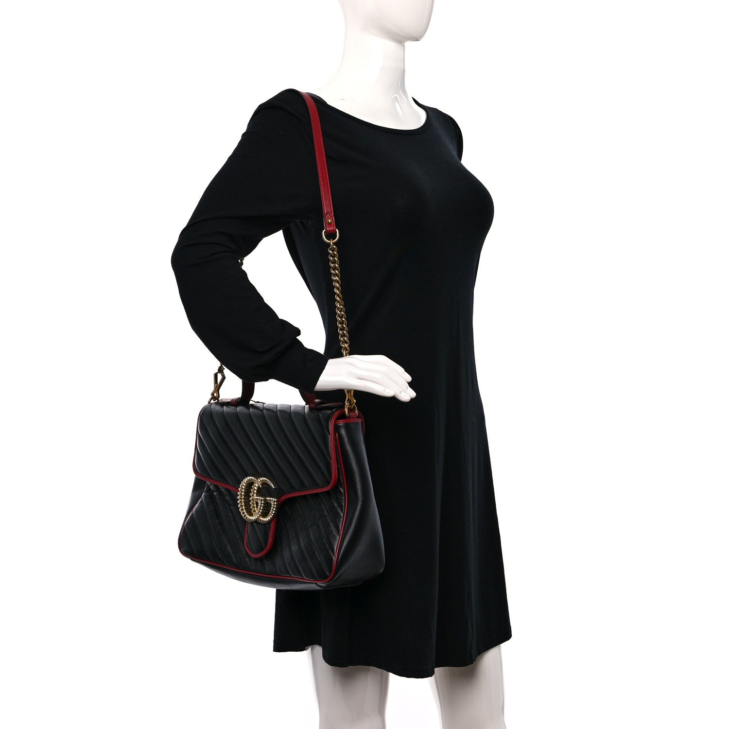 Gucci Vintage Effect Calfskin Matelasse Diagonal Medium Torchon GG Marmont Top Handle Shoulder Bag Black Romantic Cherry 3 of 17