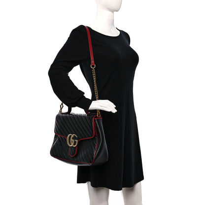 Gucci Vintage Effect Calfskin Matelasse Diagonal Medium Torchon GG Marmont Top Handle Shoulder Bag Black Romantic Cherry 3 of 17