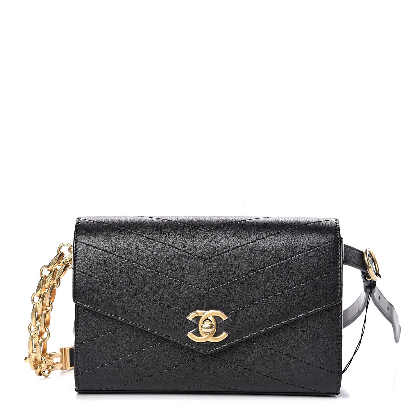 Calfskin Chevron Stitched Coco Waist Bag Black