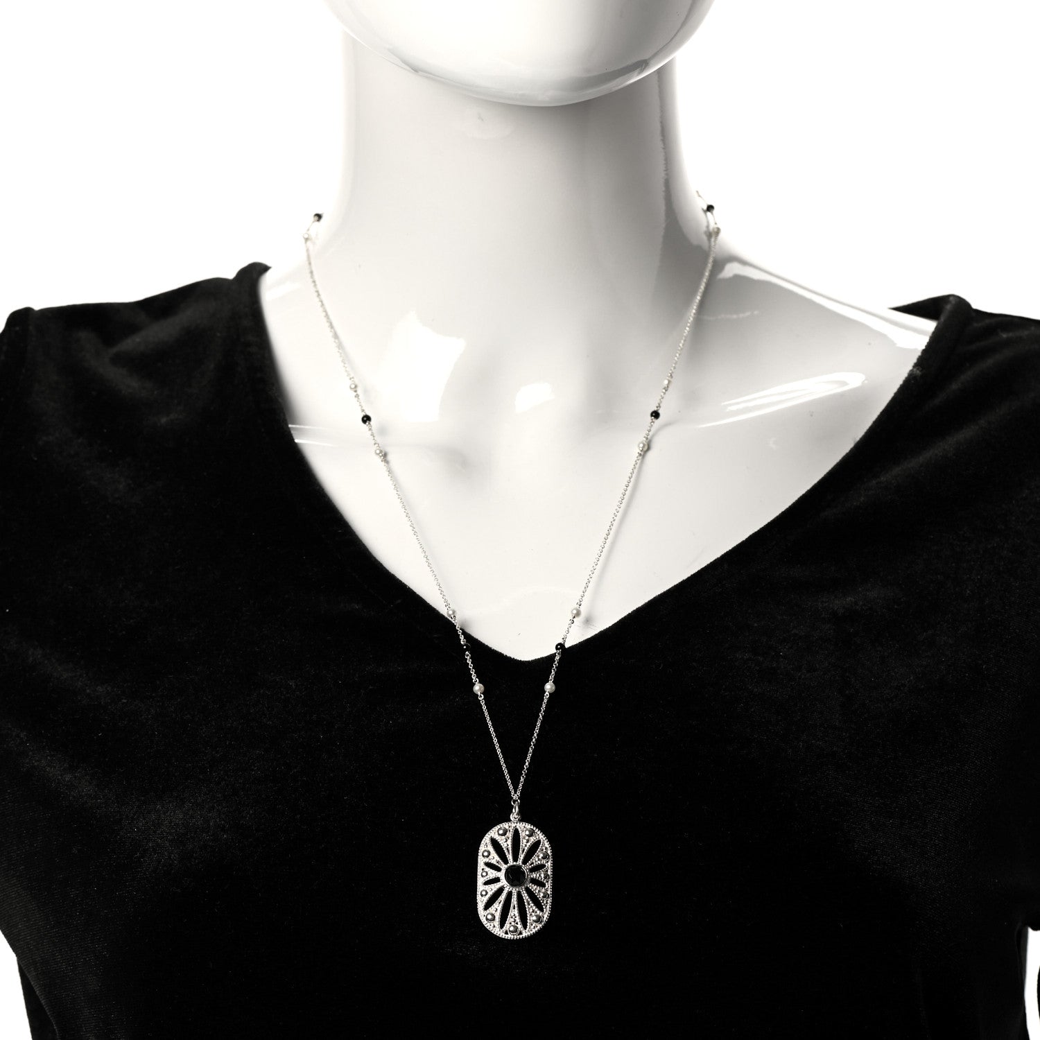 Tiffany Sterling Silver Black Onyx Pearl Ziegfeld Daisy Pendant Necklace 2 of 6