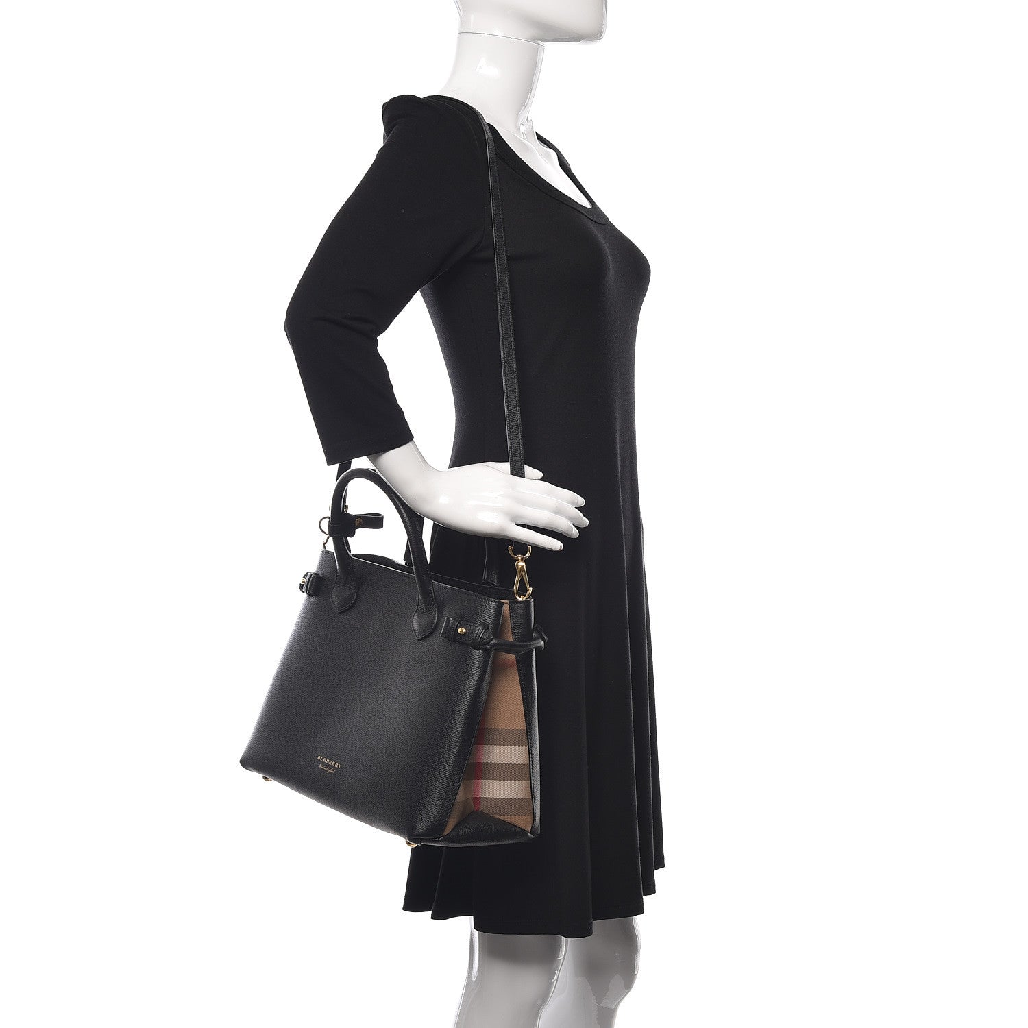 Burberry Derby Calfskin Vintage Check Medium Banner Tote Black 3 of 11