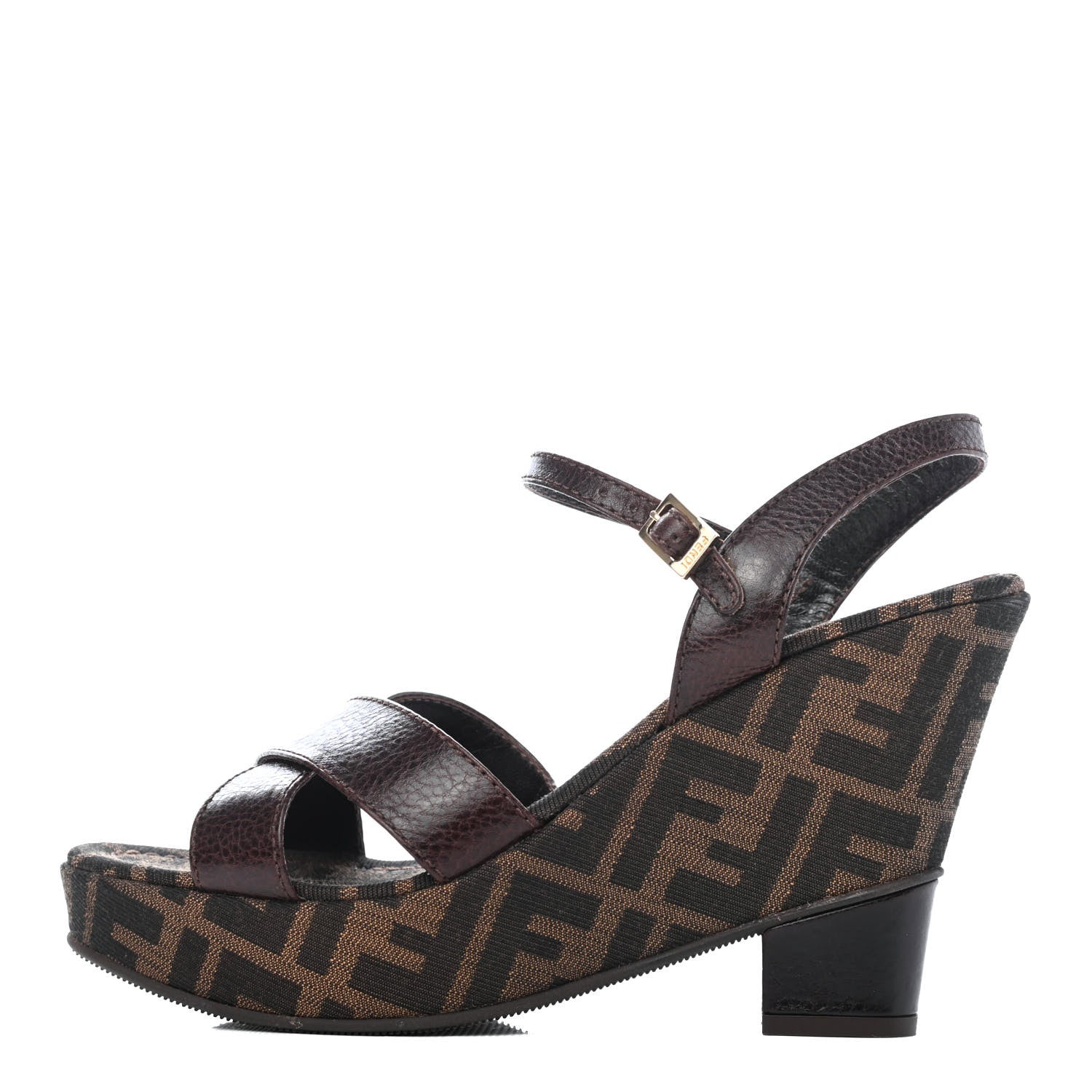 Fendi Canvas FF Calfskin Ankle Strap Wedge Sandals 38.5 Tobacco 1 of 4