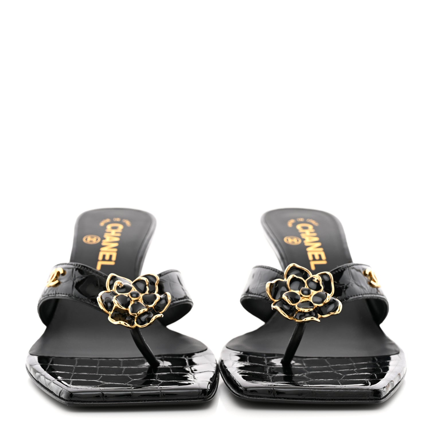 Chanel Crocodile Embossed Patent Calfskin Thong Sandals 37 Black 3 of 10