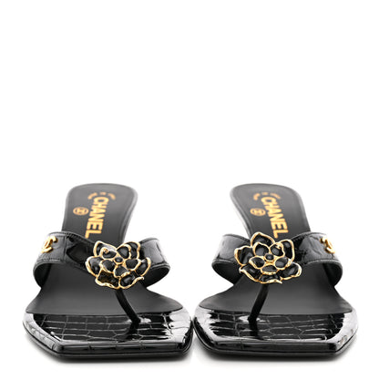 Chanel Crocodile Embossed Patent Calfskin Thong Sandals 37 Black 3 of 10