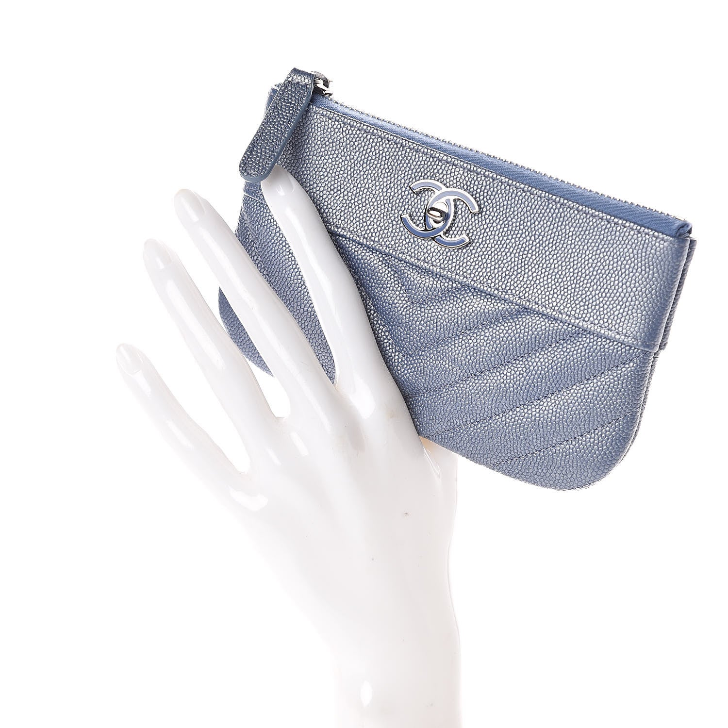 Chanel Metallic Caviar Chevron Quilted Small Vintage Mademoiselle Cosmetic Case Blue 2 of 7