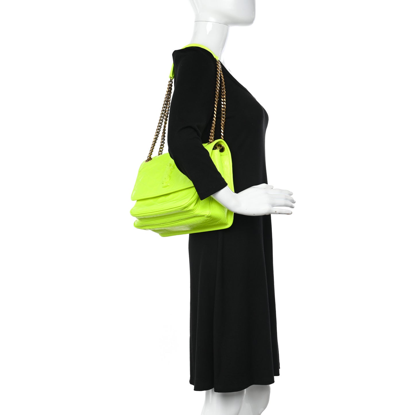 Crinkled Calfskin Matelasse Monogram Medium Niki Chain Satchel Neon Yellow